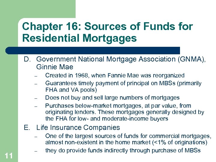 Chapter 16: Sources of Funds for Residential Mortgages D. Government National Mortgage Association (GNMA),