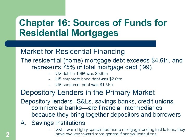 Chapter 16: Sources of Funds for Residential Mortgages Market for Residential Financing The residential