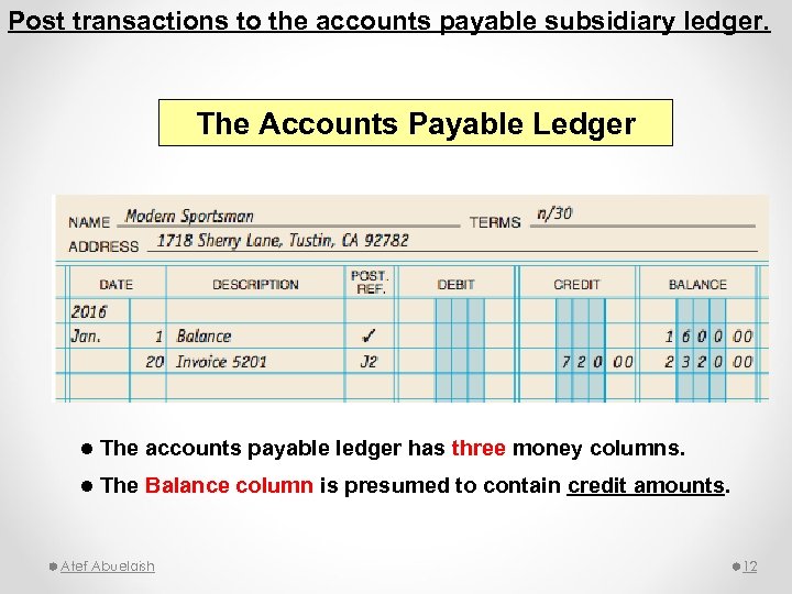 Post transactions to the accounts payable subsidiary ledger. The Accounts Payable Ledger l The