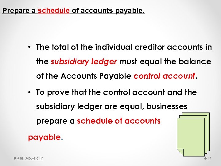 Prepare a schedule of accounts payable. • The total of the individual creditor accounts