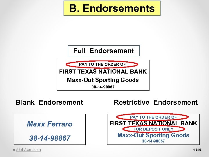 B. Endorsements Full Endorsement PAY TO THE ORDER OF FIRST TEXAS NATIONAL BANK Maxx-Out