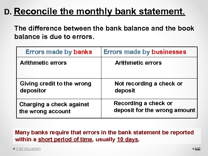 D. Reconcile the monthly bank statement. The difference between the bank balance and the