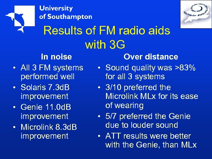 Results of FM radio aids with 3 G • • In noise All 3