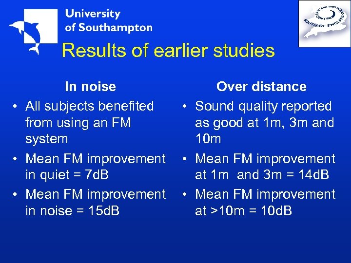 Results of earlier studies In noise • All subjects benefited from using an FM