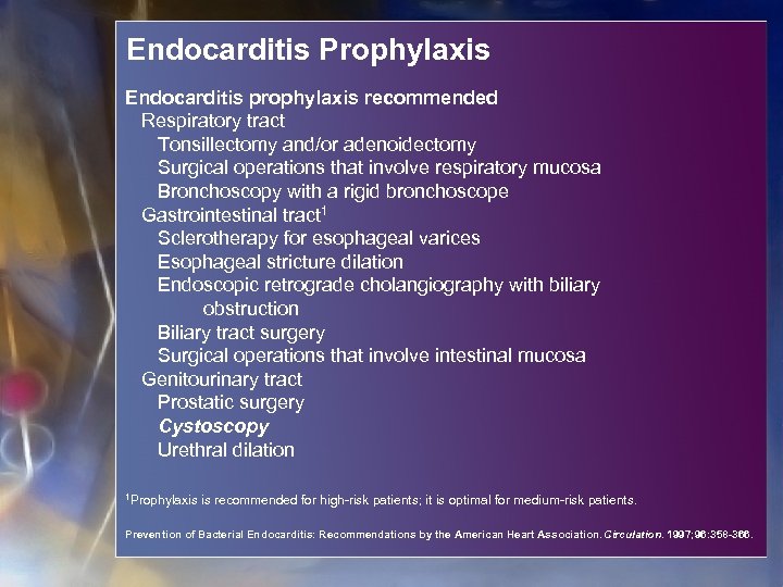 Endocarditis Prophylaxis Endocarditis prophylaxis recommended Respiratory tract Tonsillectomy and/or adenoidectomy Surgical operations that involve