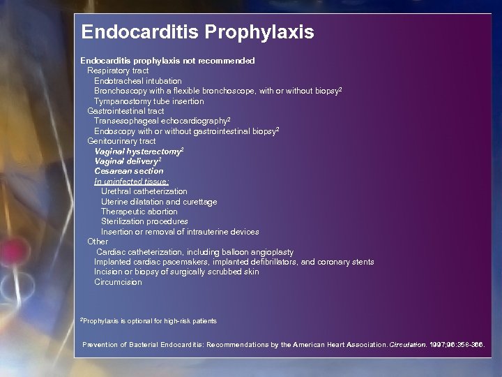 Endocarditis Prophylaxis Endocarditis prophylaxis not recommended Respiratory tract Endotracheal intubation Bronchoscopy with a flexible