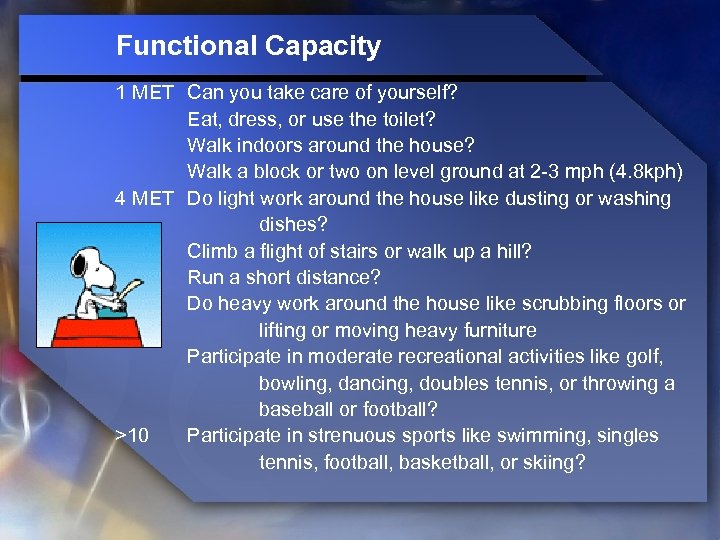 Functional Capacity 1 MET Can you take care of yourself? Eat, dress, or use