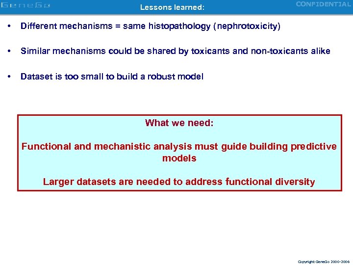 Lessons learned: CONFIDENTIAL • Different mechanisms = same histopathology (nephrotoxicity) • Similar mechanisms could