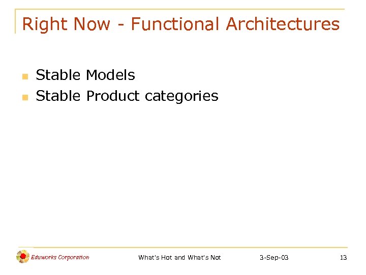 Right Now - Functional Architectures n n Stable Models Stable Product categories Eduworks Corporation