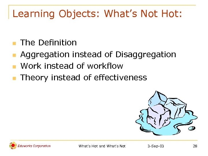 Learning Objects: What’s Not Hot: n n The Definition Aggregation instead of Disaggregation Work
