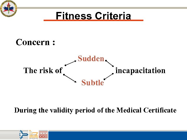 Fitness Criteria Concern : Sudden The risk of incapacitation Subtle During the validity period