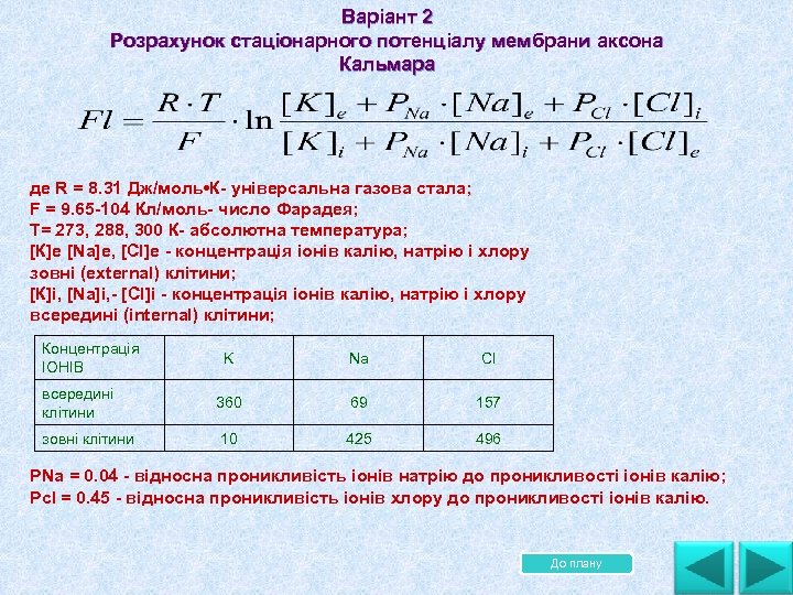 Варіант 2 Розрахунок стаціонарного потенціалу мембрани аксона Кальмара де R = 8. 31 Дж/моль