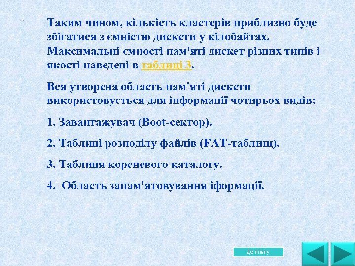 . . Таким чином, кількість кластерів приблизно буде збігaтися з ємністю дискети у кілобайтах.