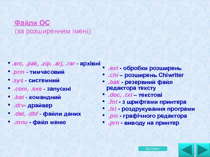 Файли ОС (за розширенням імені): • . arc, . pak, . zip, . arj,