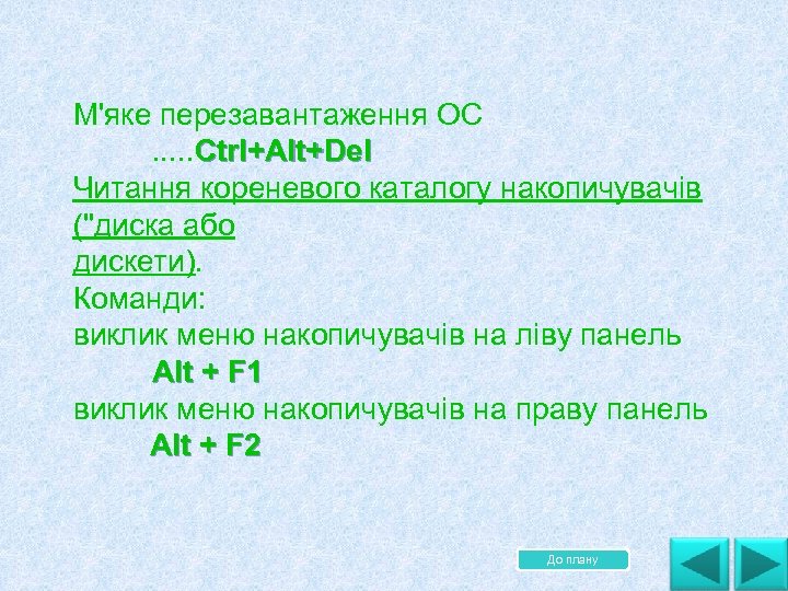 М'яке перезавантаження ОС. . . Ctrl+Alt+Del Читання кореневого каталогу накопичувачів ("диска або дискети). Команди: