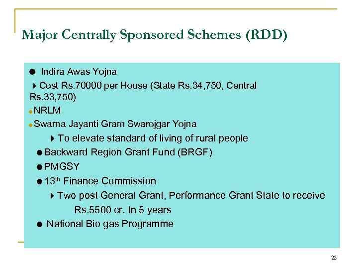 Major Centrally Sponsored Schemes (RDD) Indira Awas Yojna Cost Rs. 70000 per House (State