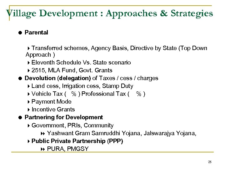 Village Development : Approaches & Strategies Parental Transferred schemes, Agency Basis, Directive by State