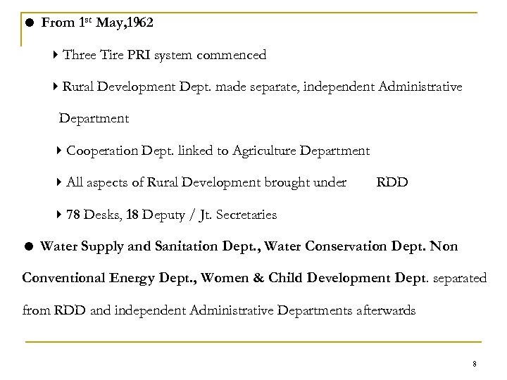  From 1 st May, 1962 Three Tire PRI system commenced Rural Development Dept.