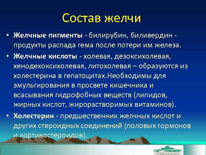 Состав желчи • Желчные пигменты - билирубин, биливердин - продукты распада гема после потери