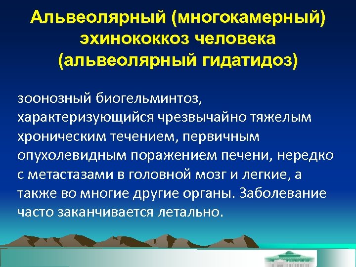 Альвеолярный (многокамерный) эхинококкоз человека (альвеолярный гидатидоз) зоонозный биогельминтоз, характеризующийся чрезвычайно тяжелым хроническим течением, первичным