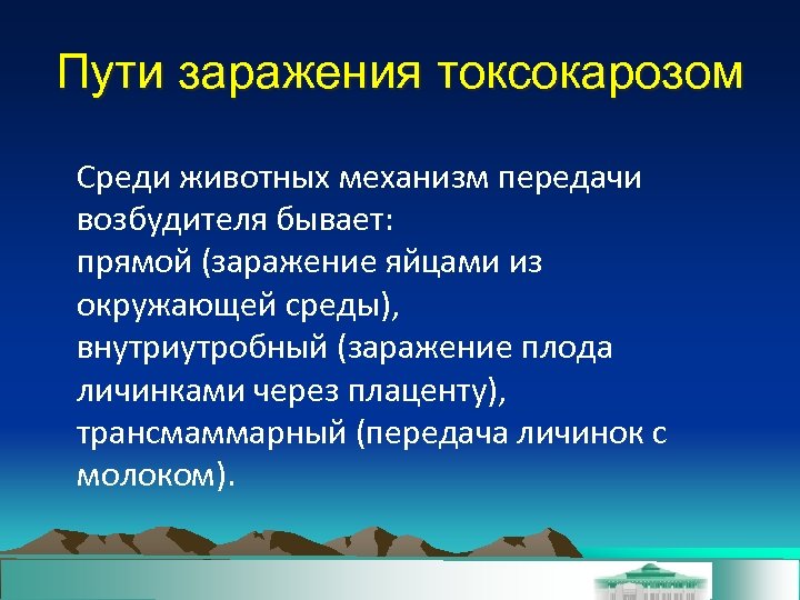 Пути заражения токсокарозом Среди животных механизм передачи возбудителя бывает: прямой (заражение яйцами из окружающей