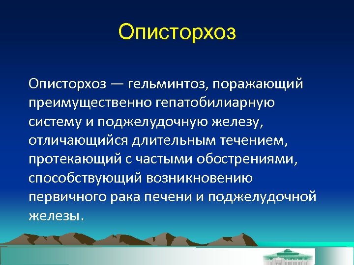 Описторхоз — гельминтоз, поражающий преимущественно гепатобилиарную систему и поджелудочную железу, отличающийся длительным течением, протекающий