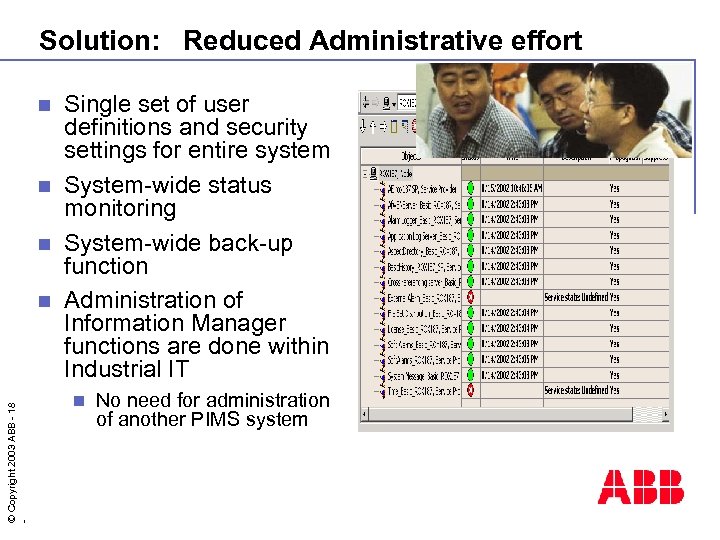 Solution: Reduced Administrative effort Single set of user definitions and security settings for entire