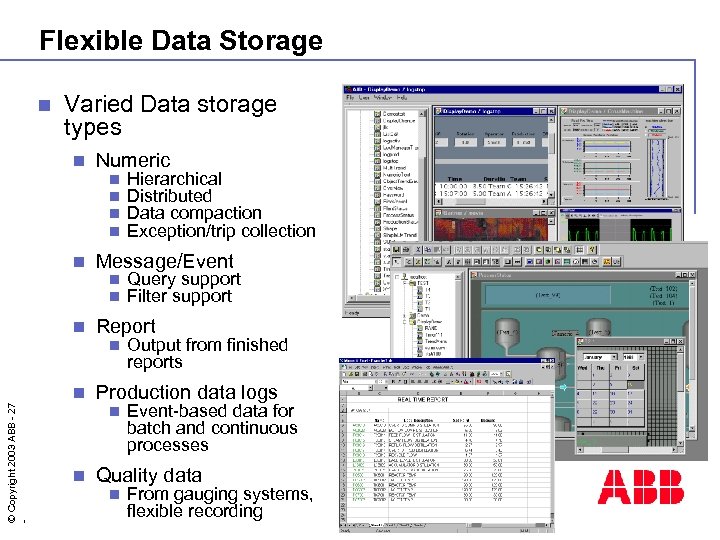 Flexible Data Storage n Varied Data storage types n Numeric n n n Message/Event