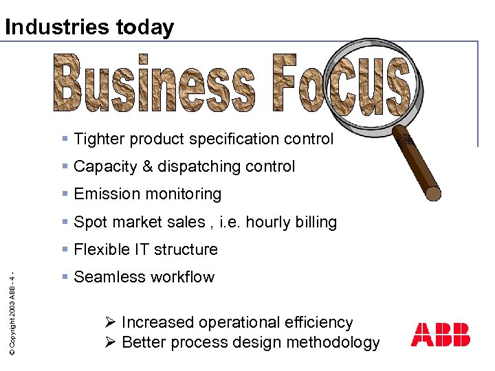Industries today § Tighter product specification control § Capacity & dispatching control § Emission