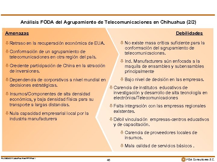 Análisis FODA del Agrupamiento de Telecomunicaciones en Chihuahua (2/2) Amenazas Debilidades ò No existe