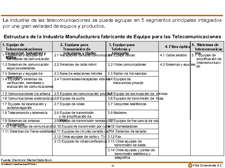 La industria de las telecomunicaciones se puede agrupar en 5 segmentos principales integrados por