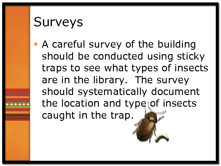 Surveys § A careful survey of the building should be conducted using sticky traps