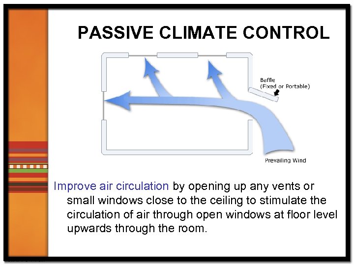 PASSIVE CLIMATE CONTROL Improve air circulation by opening up any vents or small windows