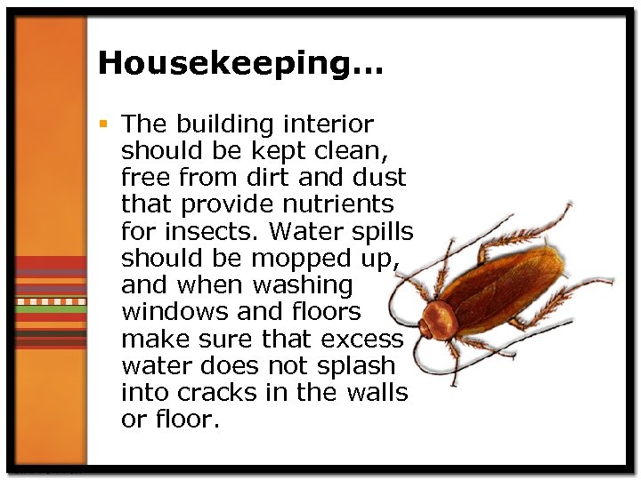 Housekeeping… § The building interior should be kept clean, free from dirt and dust