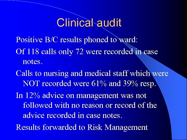 Clinical audit Positive B/C results phoned to ward: Of 118 calls only 72 were