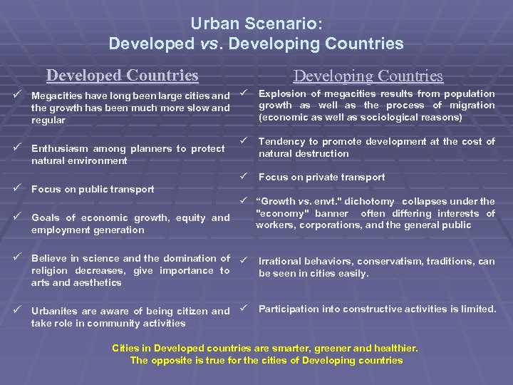 Urban Scenario: Developed vs. Developing Countries Developed Countries Developing Countries ü Megacities have long