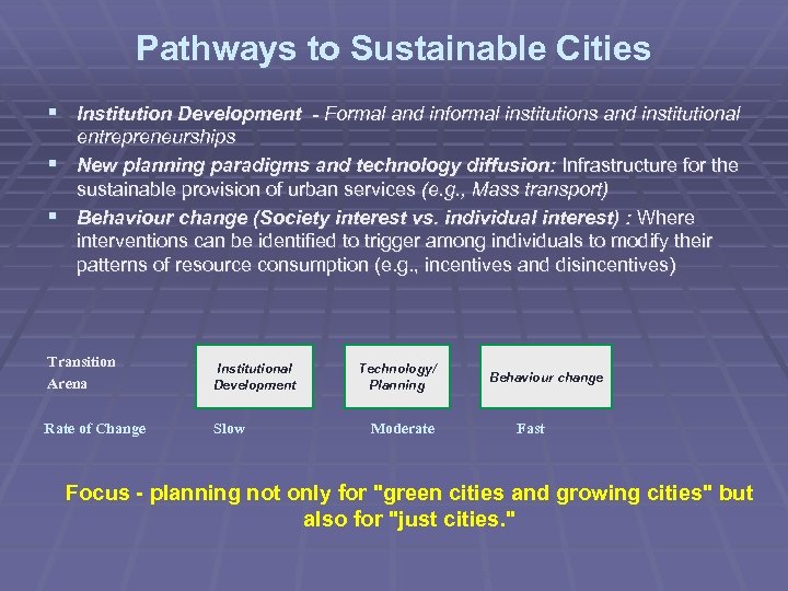 Pathways to Sustainable Cities § Institution Development - Formal and informal institutions and institutional