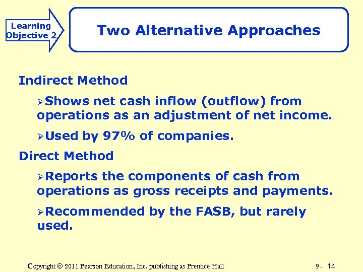 Learning Objective 2 Two Alternative Approaches Indirect Method ØShows net cash inflow (outflow) from