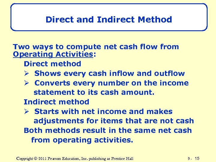 Direct and Indirect Method Two ways to compute net cash flow from Operating Activities: