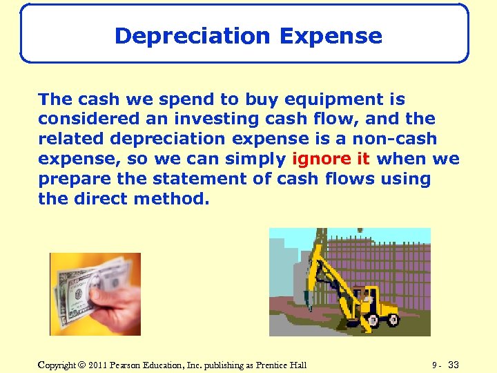 Depreciation Expense The cash we spend to buy equipment is considered an investing cash