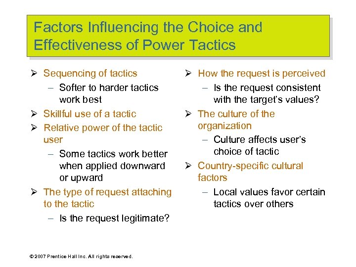 Factors Influencing the Choice and Effectiveness of Power Tactics Ø Sequencing of tactics –