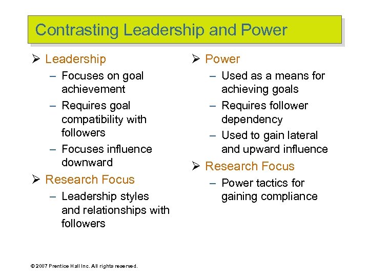 Contrasting Leadership and Power Ø Leadership – Focuses on goal achievement – Requires goal