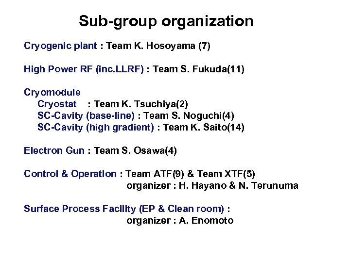 Sub-group organization Cryogenic plant : Team K. Hosoyama (7) High Power RF (inc. LLRF)