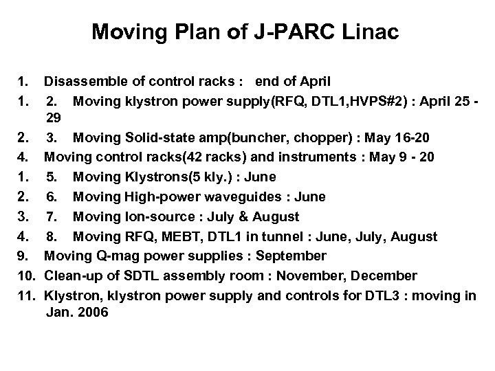 Moving Plan of J-PARC Linac 1. 1. Disassemble of control racks : end of