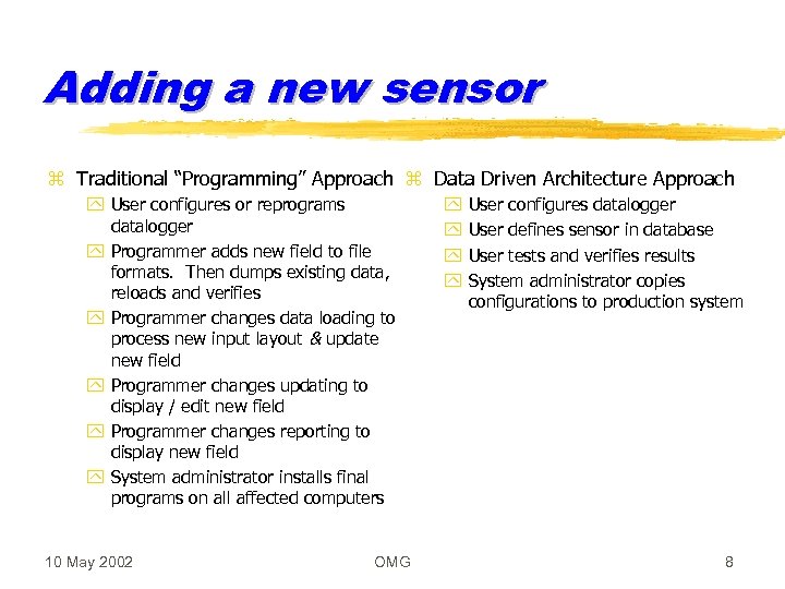 Adding a new sensor z Traditional “Programming” Approach z Data Driven Architecture Approach y