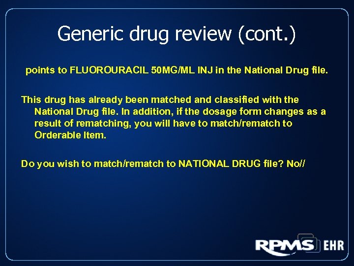 Generic drug review (cont. ) points to FLUOROURACIL 50 MG/ML INJ in the National