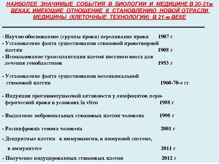 НАИБОЛЕЕ ЗНАЧИМЫЕ СОБЫТИЯ В БИОЛОГИИ И МЕДИЦИНЕ В 20 -21 м ВЕКАХ, ИМЕЮЩИЕ ОТНОШЕНИЕ