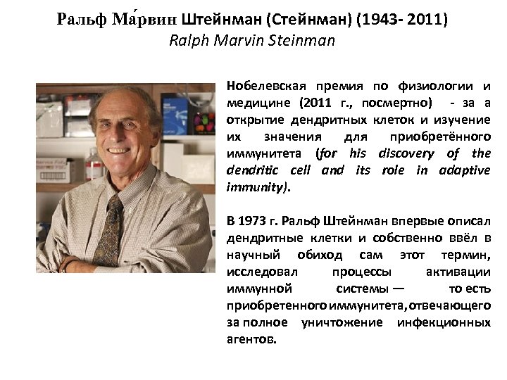 Ральф Ма рвин Штейнман (Стейнман) (1943 - 2011) Ralph Marvin Steinman Нобелевская премия по