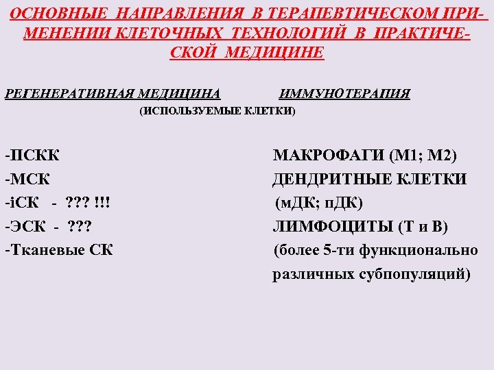 ОСНОВНЫЕ НАПРАВЛЕНИЯ В ТЕРАПЕВТИЧЕСКОМ ПРИМЕНЕНИИ КЛЕТОЧНЫХ ТЕХНОЛОГИЙ В ПРАКТИЧЕСКОЙ МЕДИЦИНЕ РЕГЕНЕРАТИВНАЯ МЕДИЦИНА ИММУНОТЕРАПИЯ (ИСПОЛЬЗУЕМЫЕ