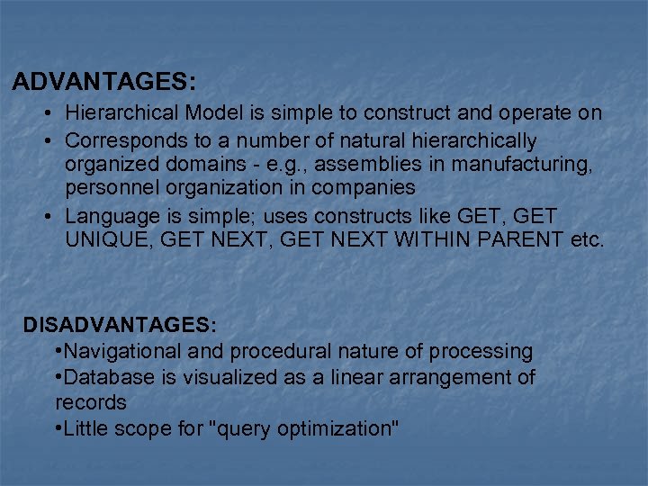 ADVANTAGES: • Hierarchical Model is simple to construct and operate on • Corresponds to